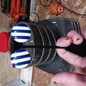 Vtg Women's W.Germany Signed Blue and White Striped Chunky Round Clip-On Earring